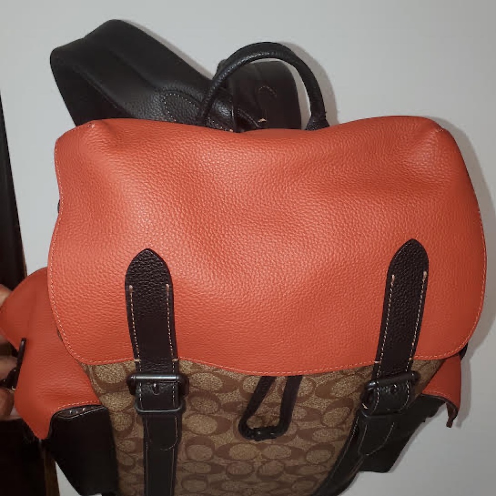 NWT COACH Signature Hudson Backpack in Colorblock Canvas Khaki/ Terracotta - Picture 6 of 14